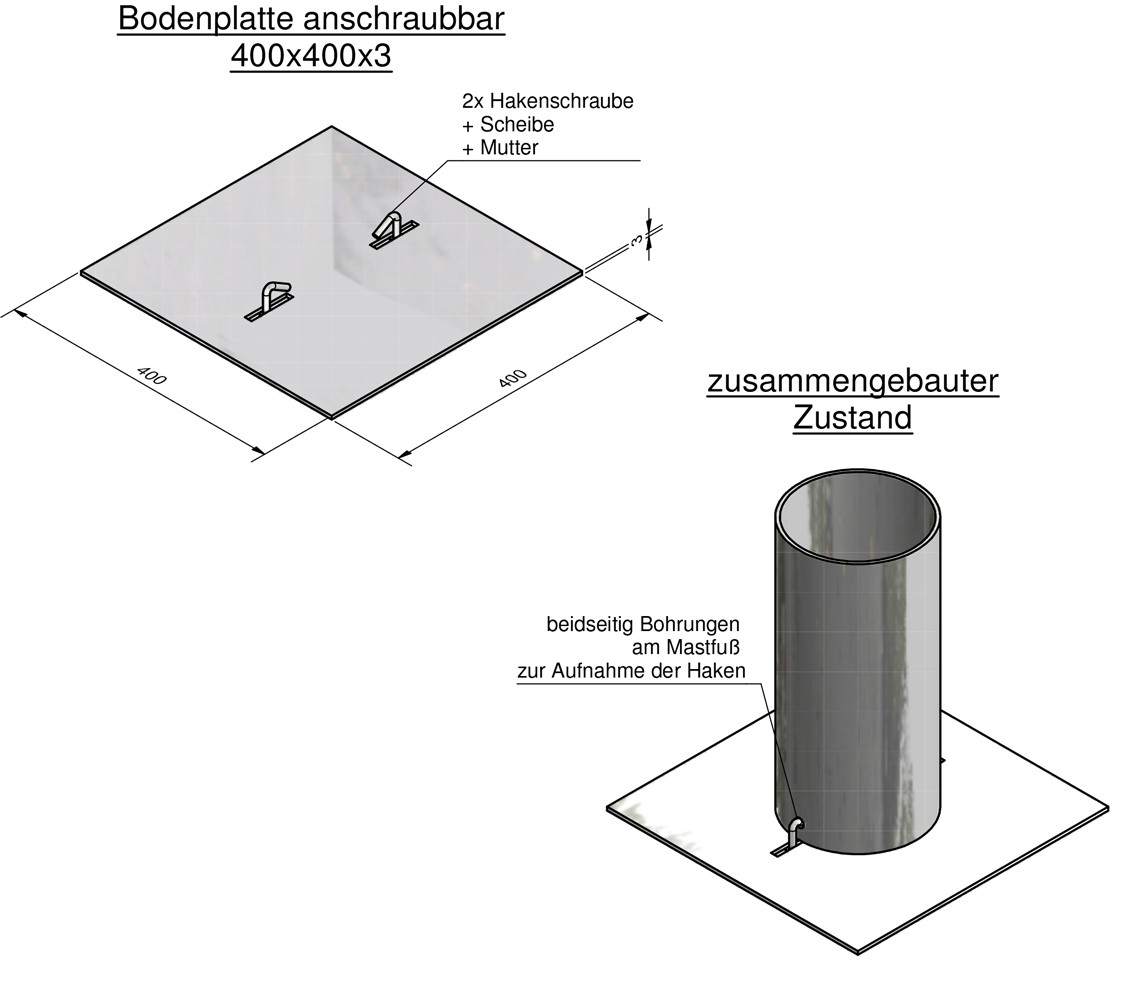 Bodenplatte anschraubbar, 400 x 400 x 3 mm + 2x Hakenschraube+Mutter