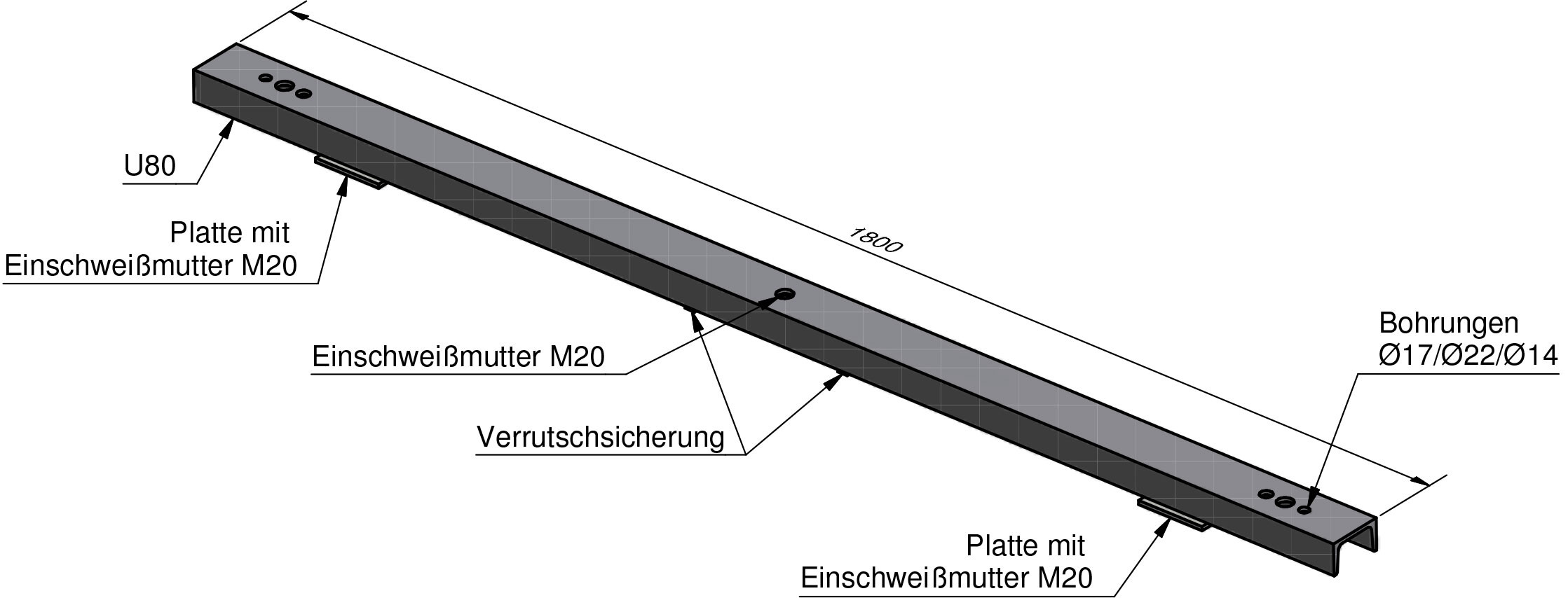 Traversenoberteil 3/5-fach Ausladung 1800